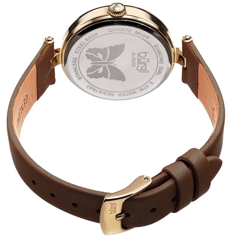 Burgi Women's Diamond Glitter Butterfly Leather Strap Bracelet Watch - Brown