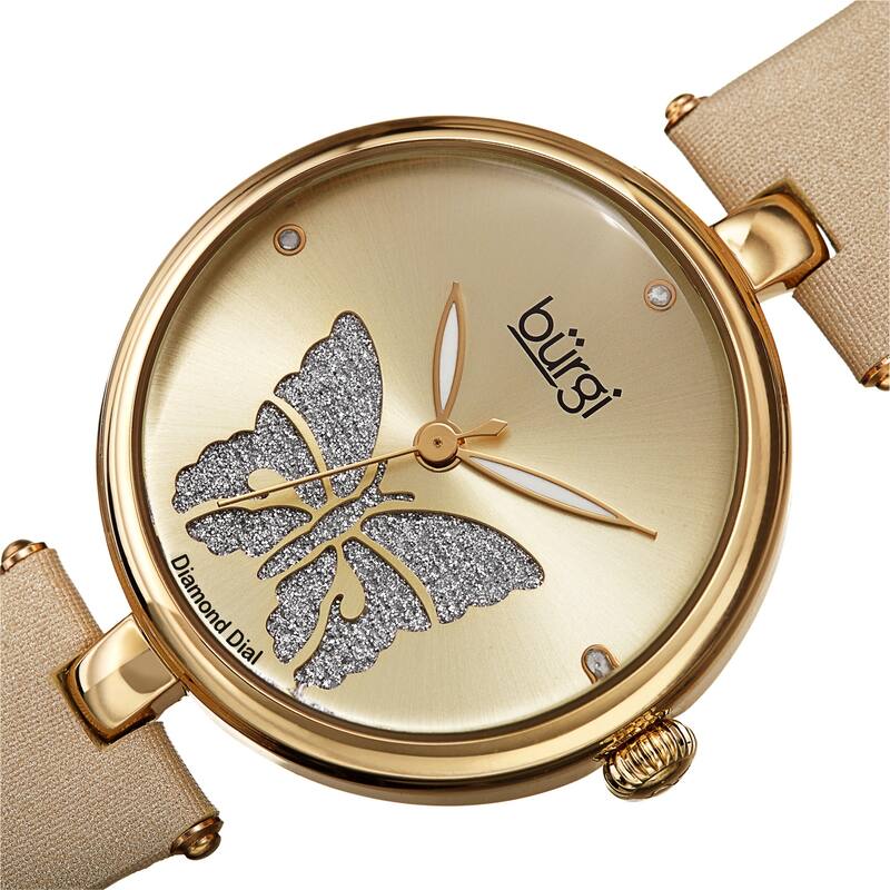 Burgi Women's Diamond Glitter Butterfly Leather Strap Bracelet Watch - Brown - Beige
