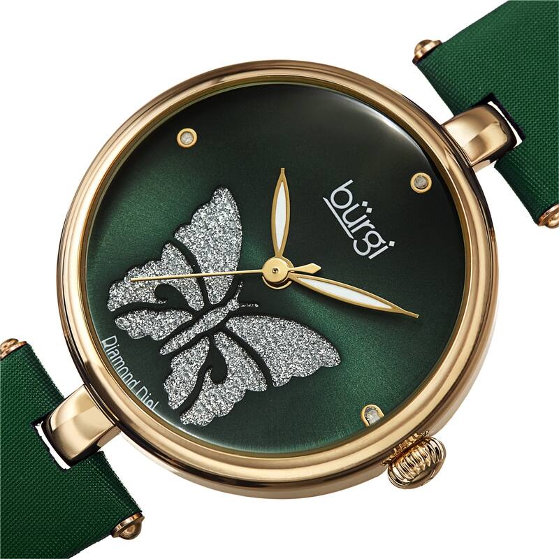 Burgi Women's Diamond Glitter Butterfly Leather Strap Bracelet Watch - Brown - Green