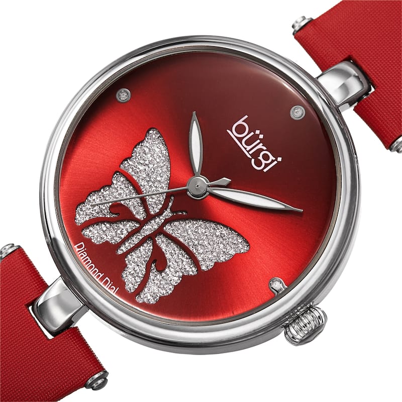 Burgi Women's Diamond Glitter Butterfly Leather Strap Bracelet Watch - Brown - Red