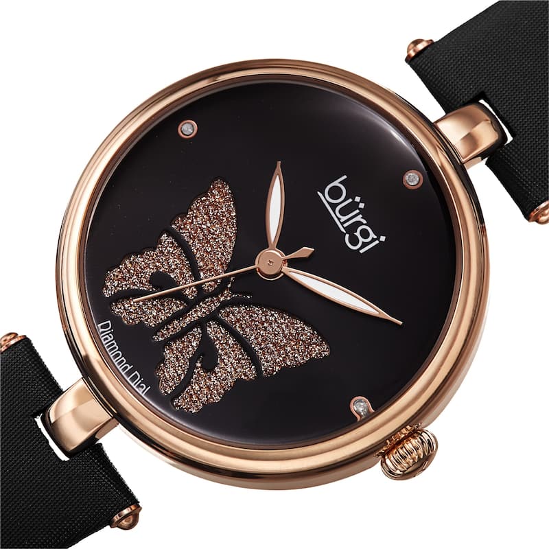 Burgi Women's Diamond Glitter Butterfly Leather Strap Bracelet Watch - Brown - Black