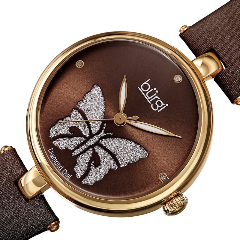 Burgi Women's Diamond Glitter Butterfly Leather Strap Bracelet Watch - Brown - Brown