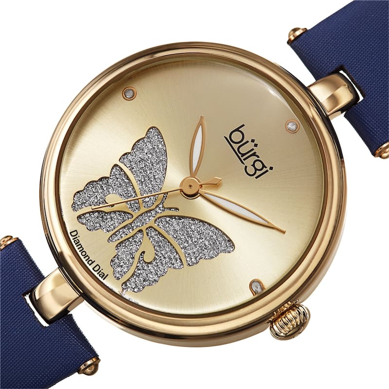Burgi Women's Diamond Glitter Butterfly Leather Strap Bracelet Watch - Brown
