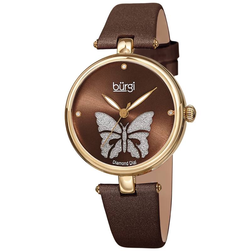 Burgi Women's Diamond Glitter Butterfly Leather Strap Bracelet Watch - Brown