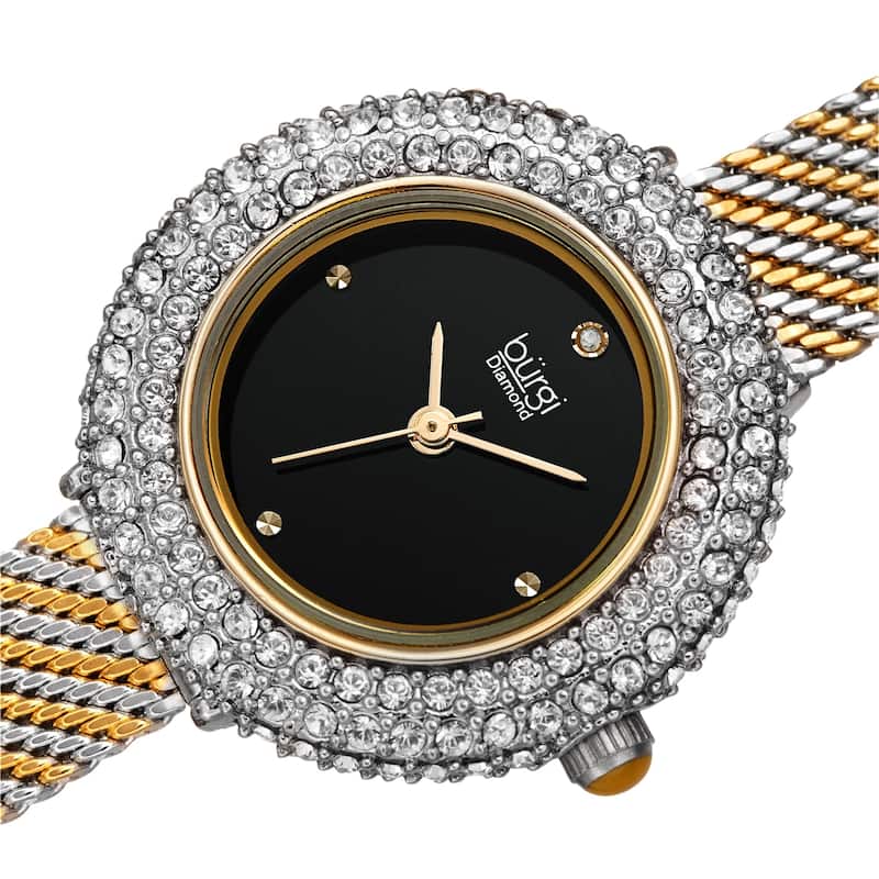 Burgi Women's Swarovski Crystal Diamond Mesh Breacelet Watch - Black/Gold - Two-tone/Black