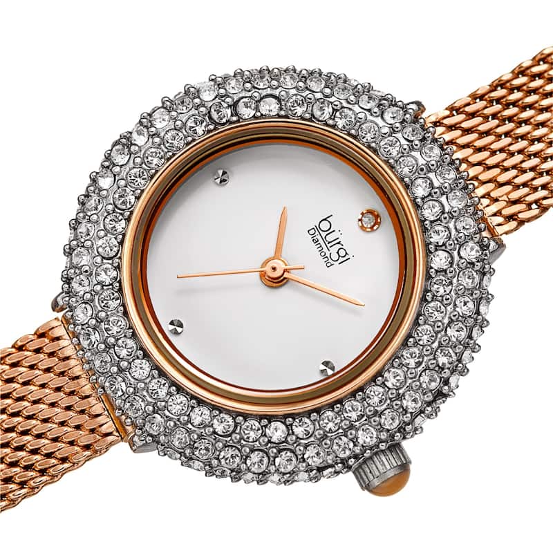Burgi Women's Swarovski Crystal Diamond Mesh Breacelet Watch - Black/Gold - Rose
