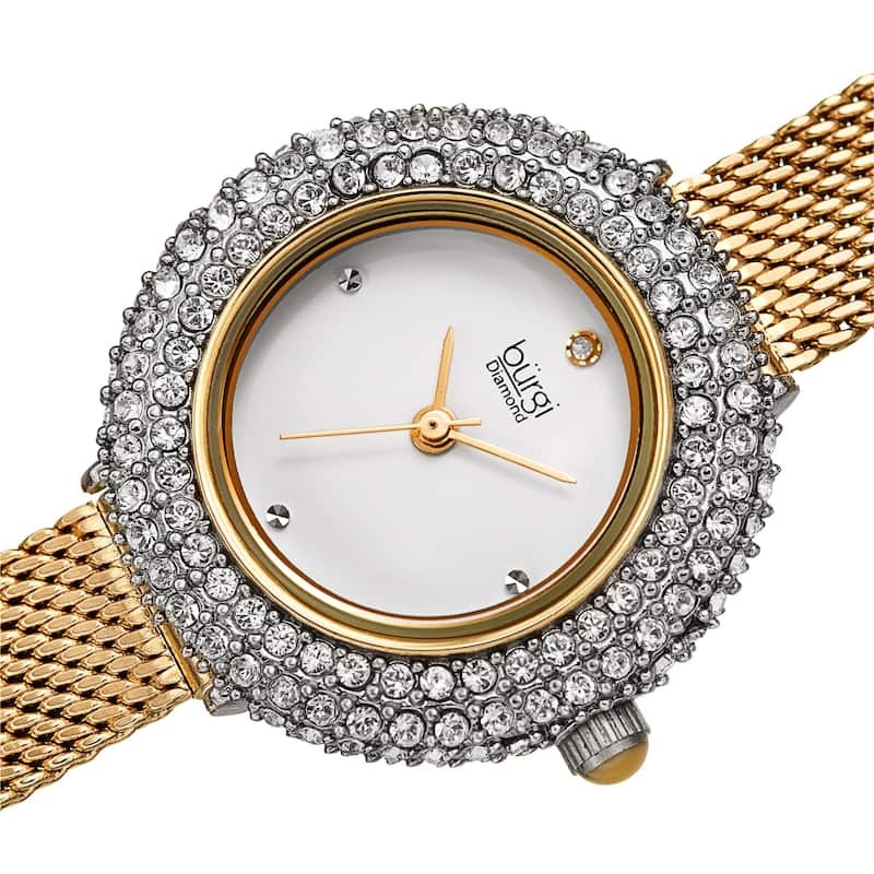 Burgi Women's Swarovski Crystal Diamond Mesh Breacelet Watch - Black/Gold - Gold