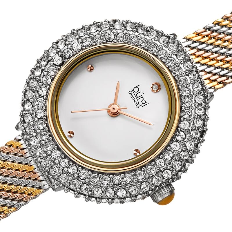 Burgi Women's Swarovski Crystal Diamond Mesh Breacelet Watch - Black/Gold - Two-tone/White