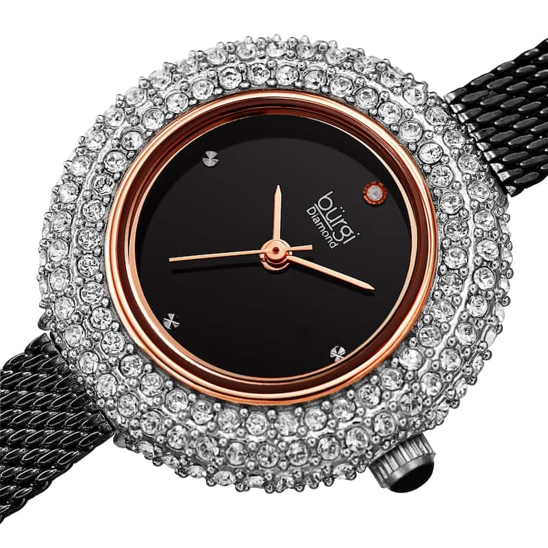Burgi Women's Swarovski Crystal Diamond Mesh Breacelet Watch - Black/Gold - Black/Rose