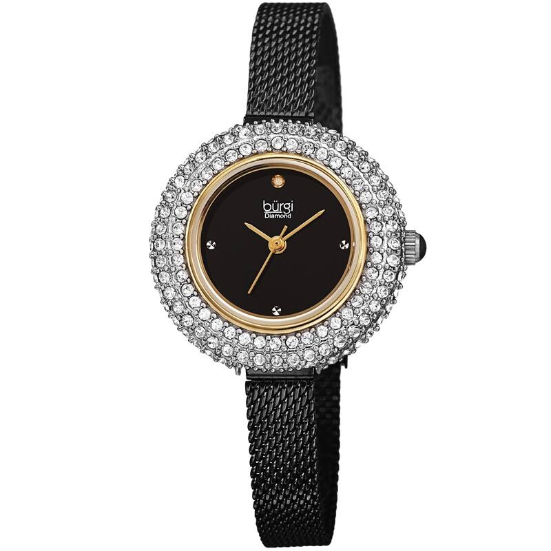 Burgi Women's Swarovski Crystal Diamond Mesh Breacelet Watch - Black/Gold