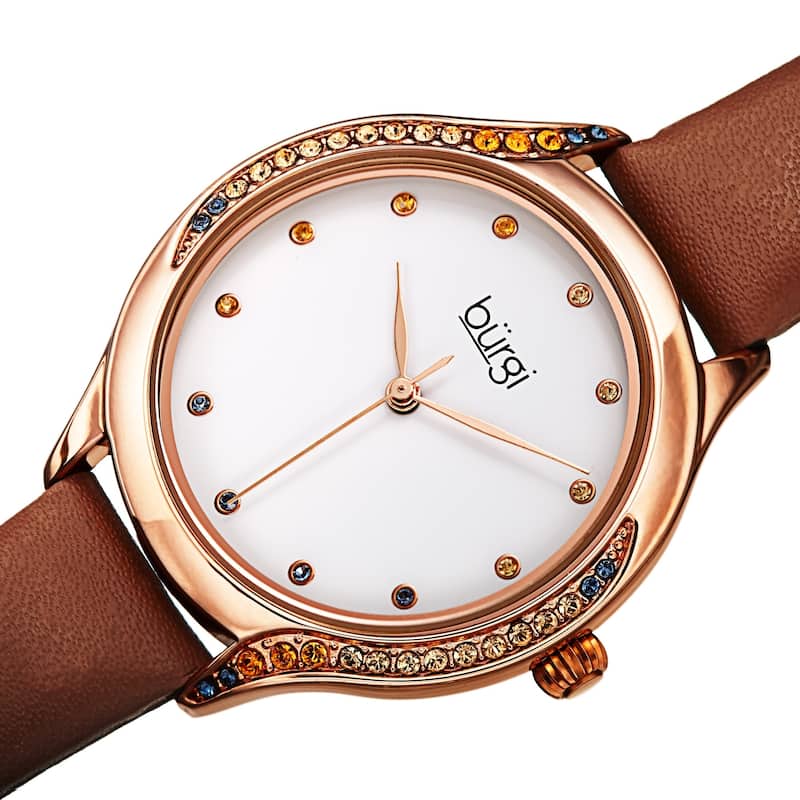 Burgi Women's Swarovski Crystal Ombre Style Leather Strap Watch - Black - Brown