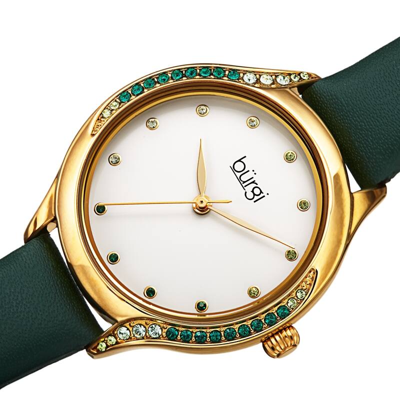 Burgi Women's Swarovski Crystal Ombre Style Leather Strap Watch - Black - Green