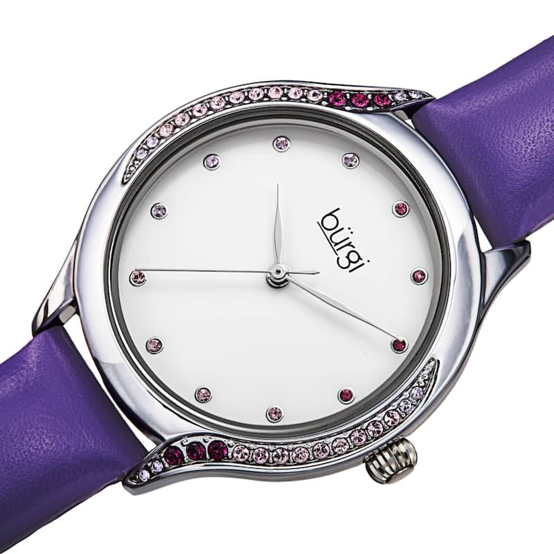 Burgi Women's Swarovski Crystal Ombre Style Leather Strap Watch - Black - Purple