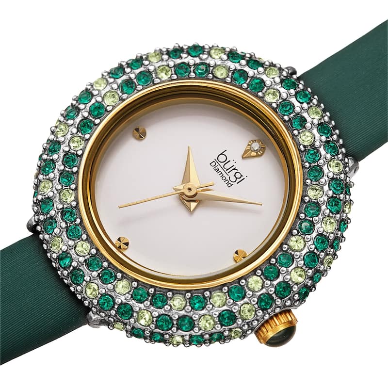 Burgi Women's Diamond Swarovski Crystal Sparkling Leather Strap Watch - Black - Green