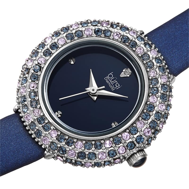 Burgi Women's Diamond Swarovski Crystal Sparkling Leather Strap Watch - Black - Blue