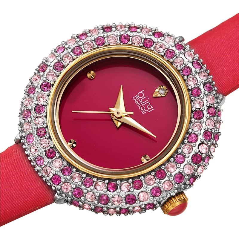 Burgi Women's Diamond Swarovski Crystal Sparkling Leather Strap Watch - Black - Red