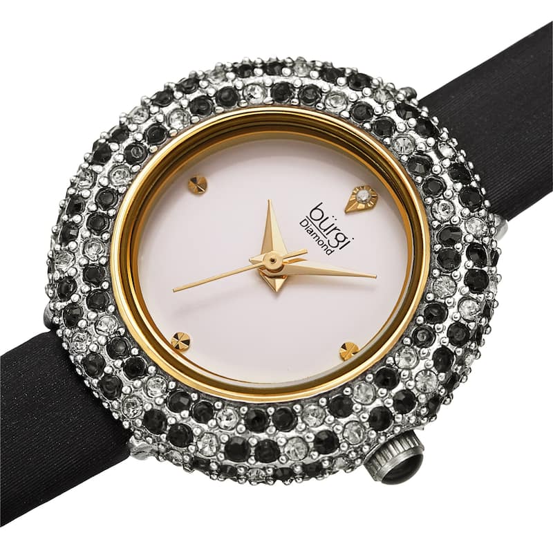 Burgi Women's Diamond Swarovski Crystal Sparkling Leather Strap Watch - Black - Black