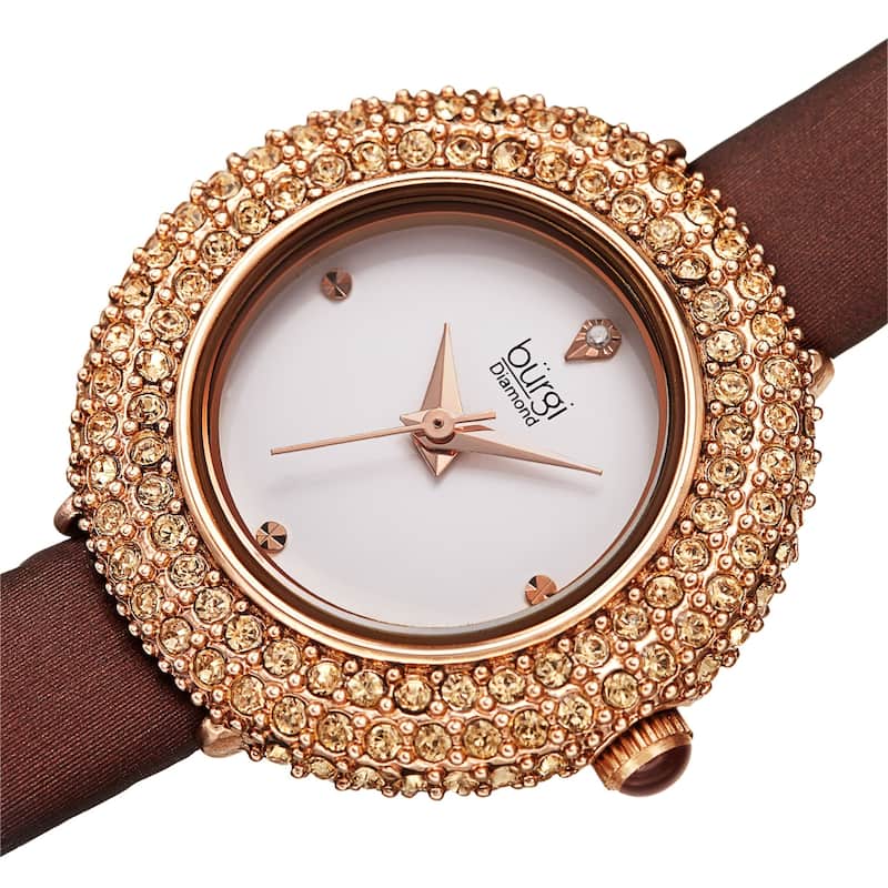 Burgi Women's Diamond Swarovski Crystal Sparkling Leather Strap Watch - Black - Brown