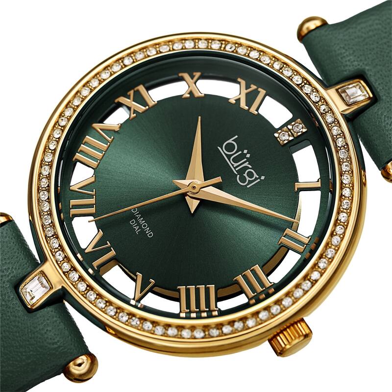 Burgi Women's Diamond Swarovski Crystal Transparent Leather Strap Watch