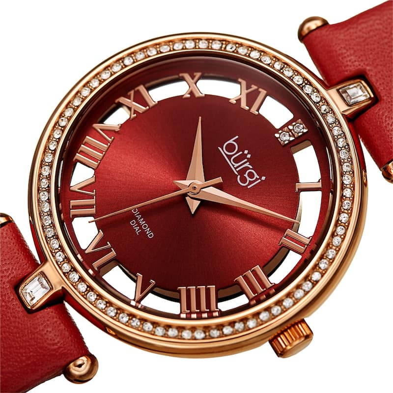 Burgi Women's Diamond Swarovski Crystal Transparent Leather Strap Watch - Red