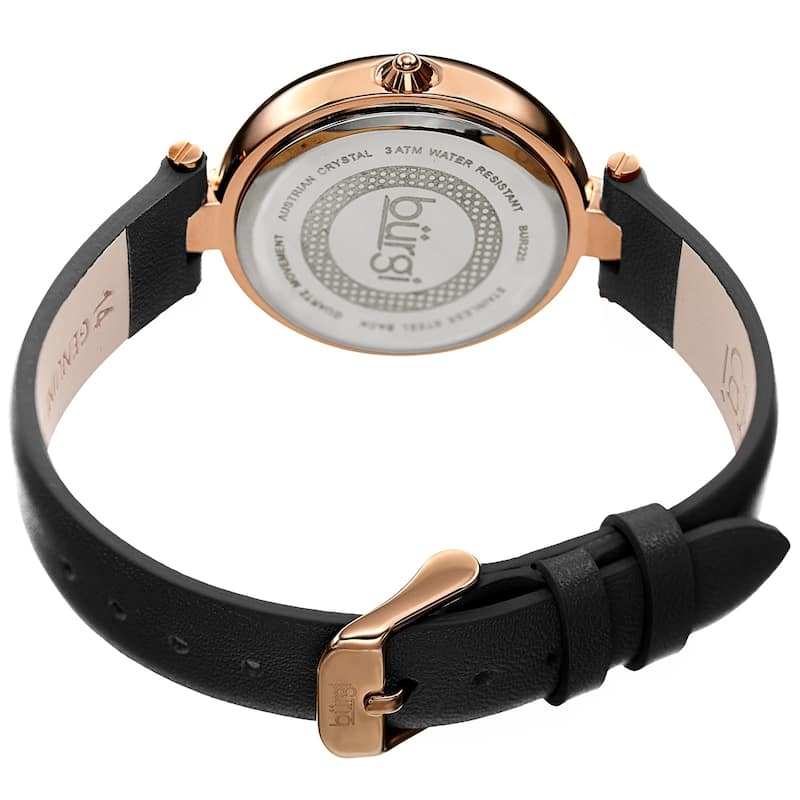 Burgi Women's Crystal Sparkling Glitter Dial Leather Strap Watch - Black