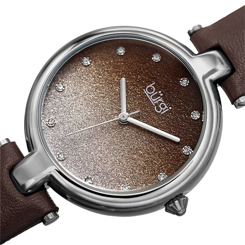 Burgi Women's Crystal Sparkling Glitter Dial Leather Strap Watch - Black - Brown