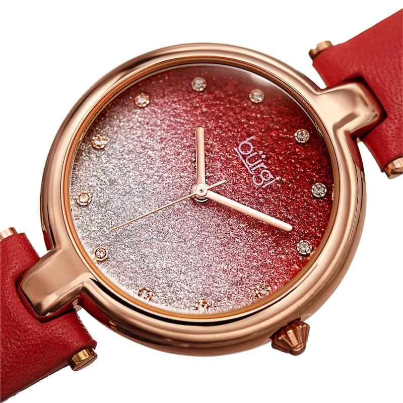 Burgi Women's Crystal Sparkling Glitter Dial Leather Strap Watch - Black - Red