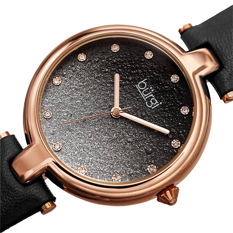 Burgi Women's Crystal Sparkling Glitter Dial Leather Strap Watch - Black - Black