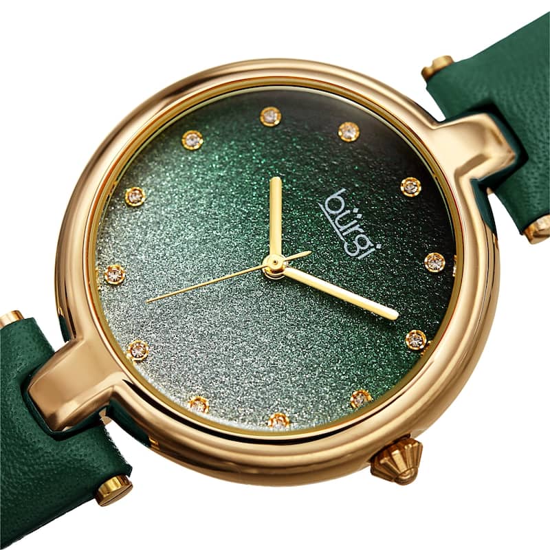 Burgi Women's Crystal Sparkling Glitter Dial Leather Strap Watch - Black - Green