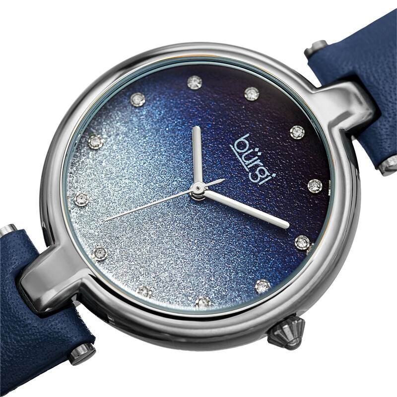 Burgi Women's Crystal Sparkling Glitter Dial Leather Strap Watch - Black