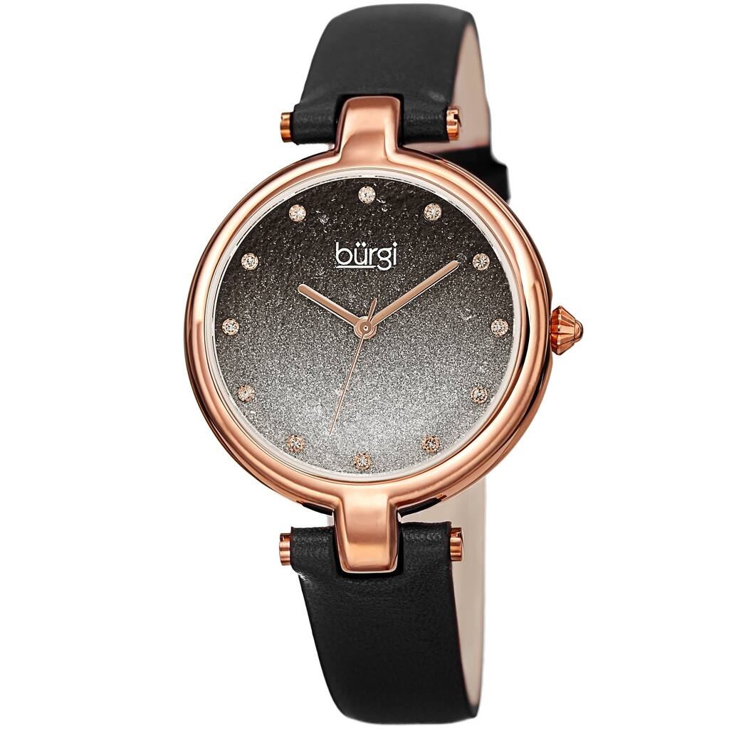 Burgi Women's Crystal Sparkling Glitter Dial Leather Strap Watch - Black