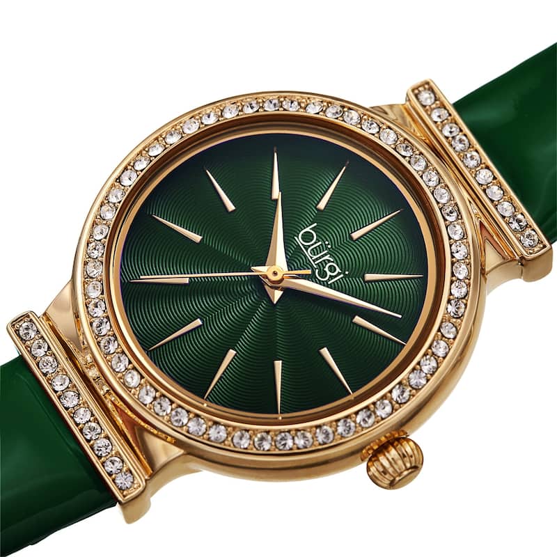 Burgi Women's Rich Swarovski Crystal Leather Strap Watch - Black - Green