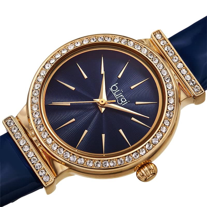 Burgi Women's Rich Swarovski Crystal Leather Strap Watch - Black - Blue