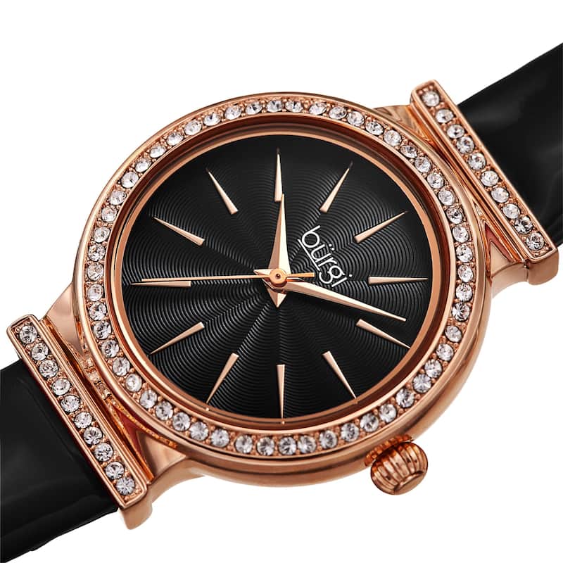 Burgi Women's Rich Swarovski Crystal Leather Strap Watch - Black - Black