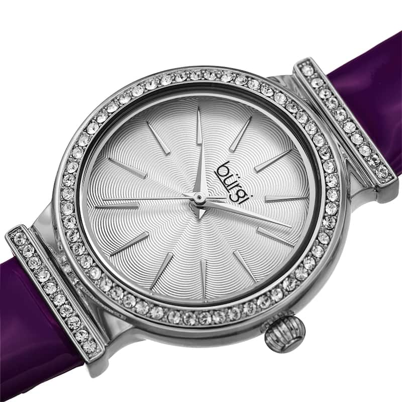 Burgi Women's Rich Swarovski Crystal Leather Strap Watch - Black - Purple