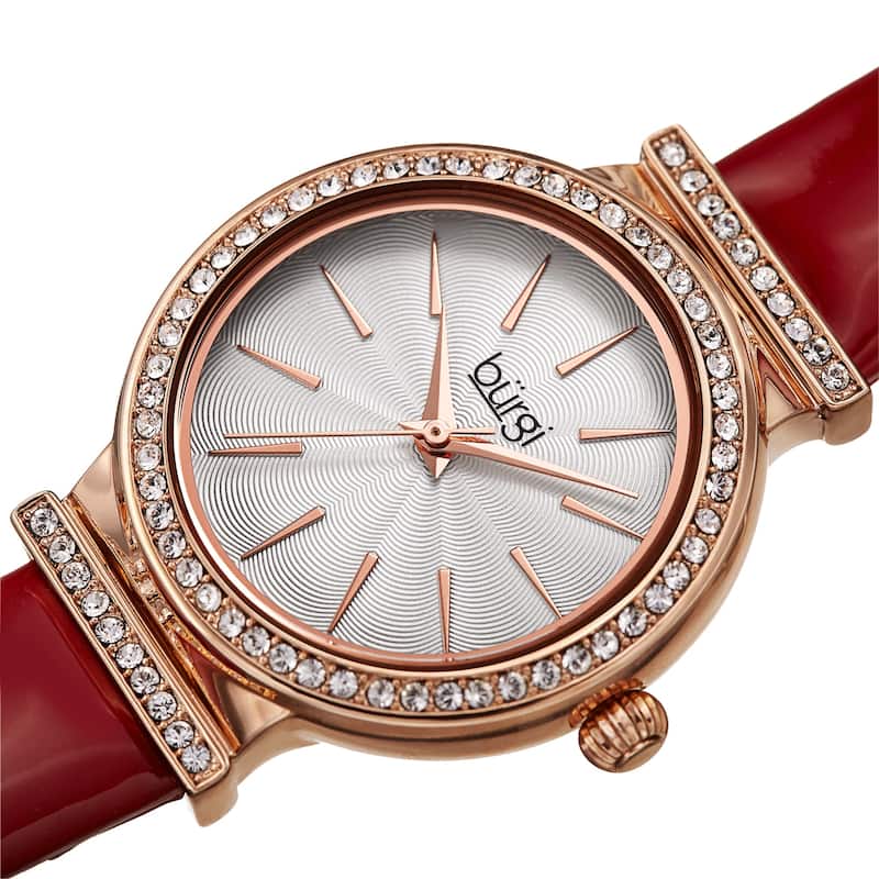 Burgi Women's Rich Swarovski Crystal Leather Strap Watch - Black - Red