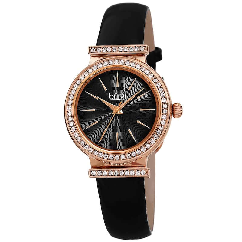 Burgi Women's Rich Swarovski Crystal Leather Strap Watch - Black