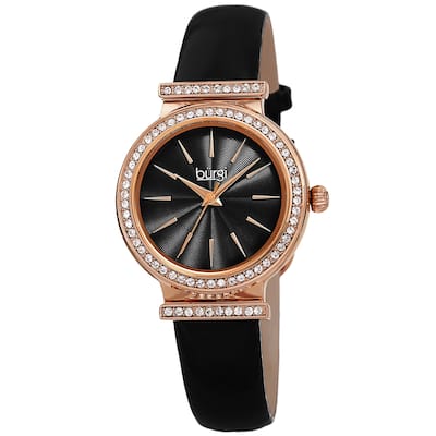 Burgi Women's Rich Swarovski Crystal Leather Strap Watch - Black