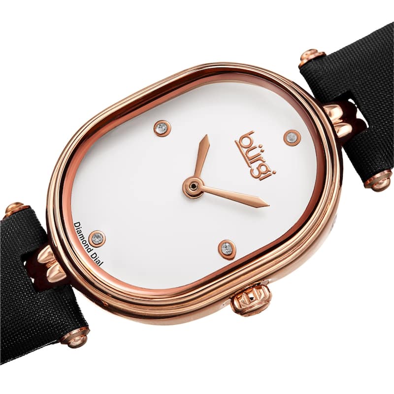 Burgi Women's Classic Diamond Oval Satin Leather Strap Watch - Black