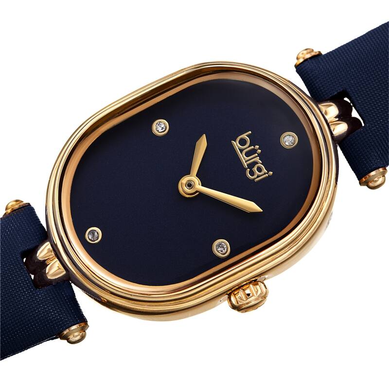 Burgi Women's Classic Diamond Oval Satin Leather Strap Watch - Black
