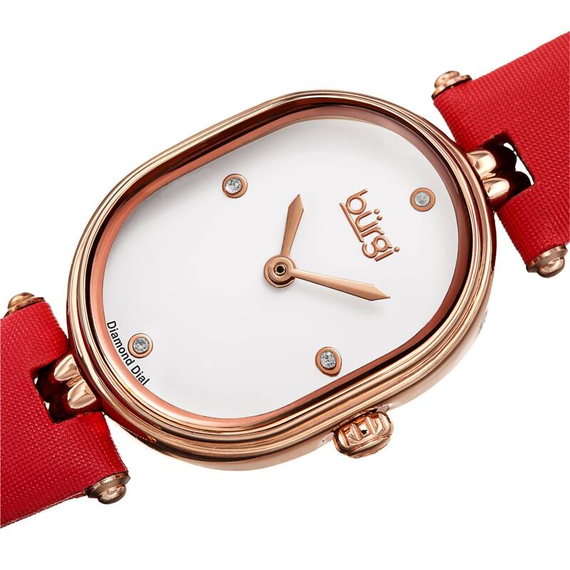 Burgi Women's Classic Diamond Oval Satin Leather Strap Watch - Black - Red