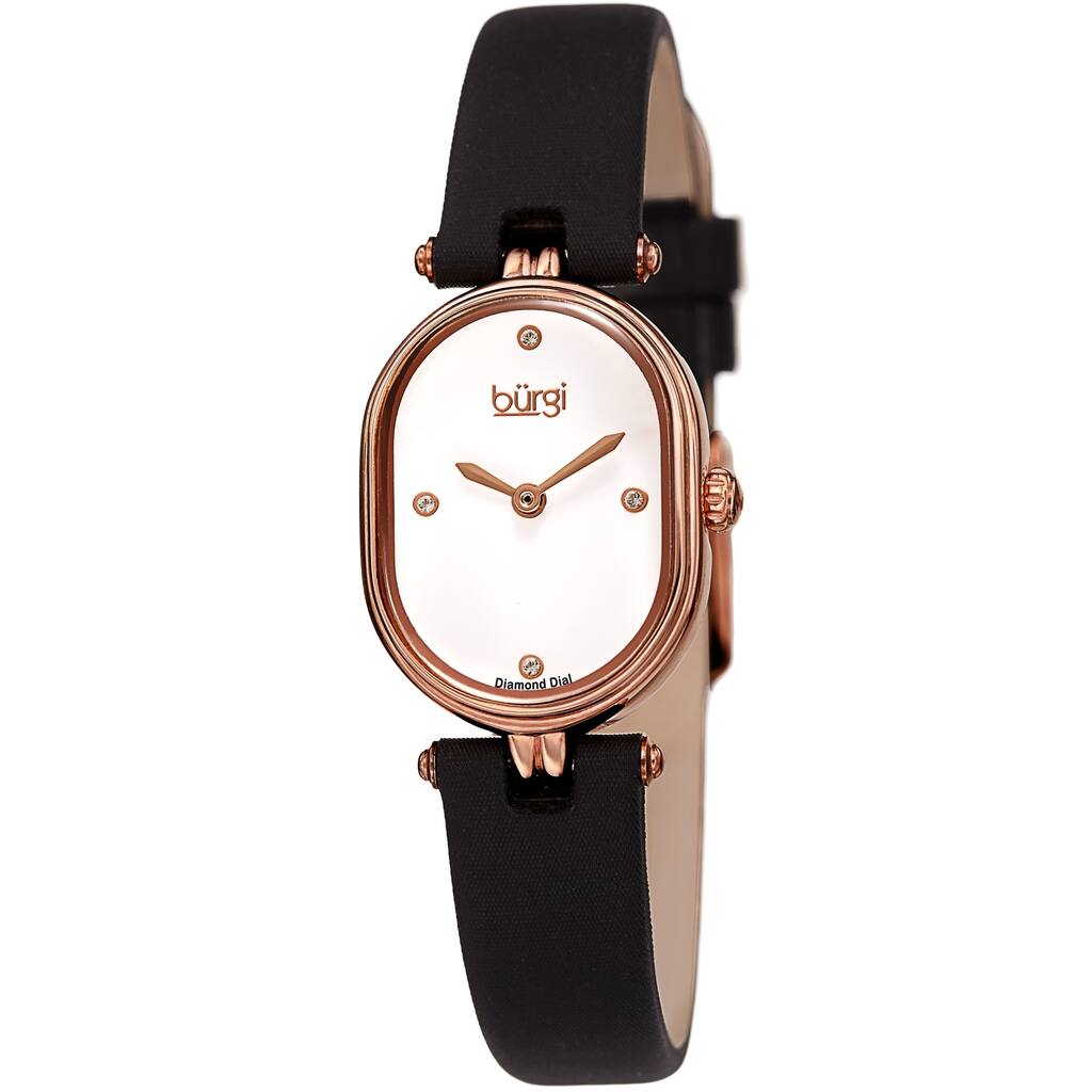 Burgi Women's Classic Diamond Oval Satin Leather Strap Watch - Black