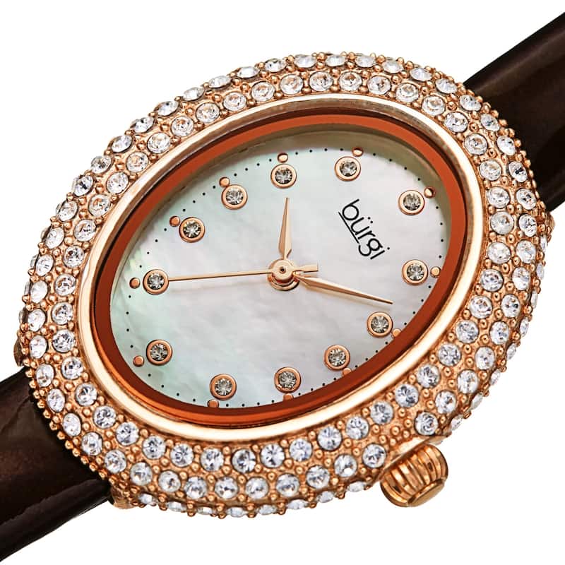 Burgi Women's Oval Swarovski Crystal Leather Strap Watch - Brown