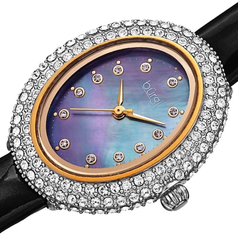 Burgi Women's Oval Swarovski Crystal Leather Strap Watch - Black