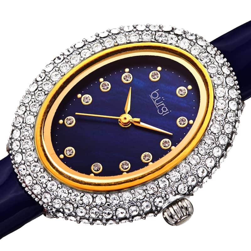 Burgi Women's Oval Swarovski Crystal Leather Strap Watch - Blue