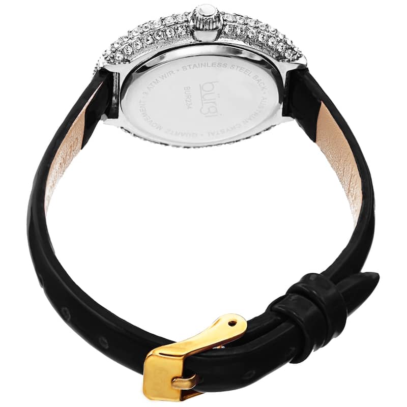 Burgi Women's Oval Swarovski Crystal Leather Strap Watch