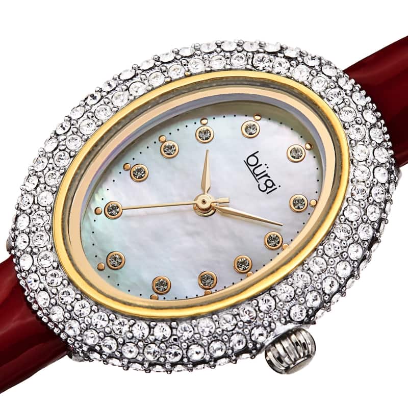Burgi Women's Oval Swarovski Crystal Leather Strap Watch - Red