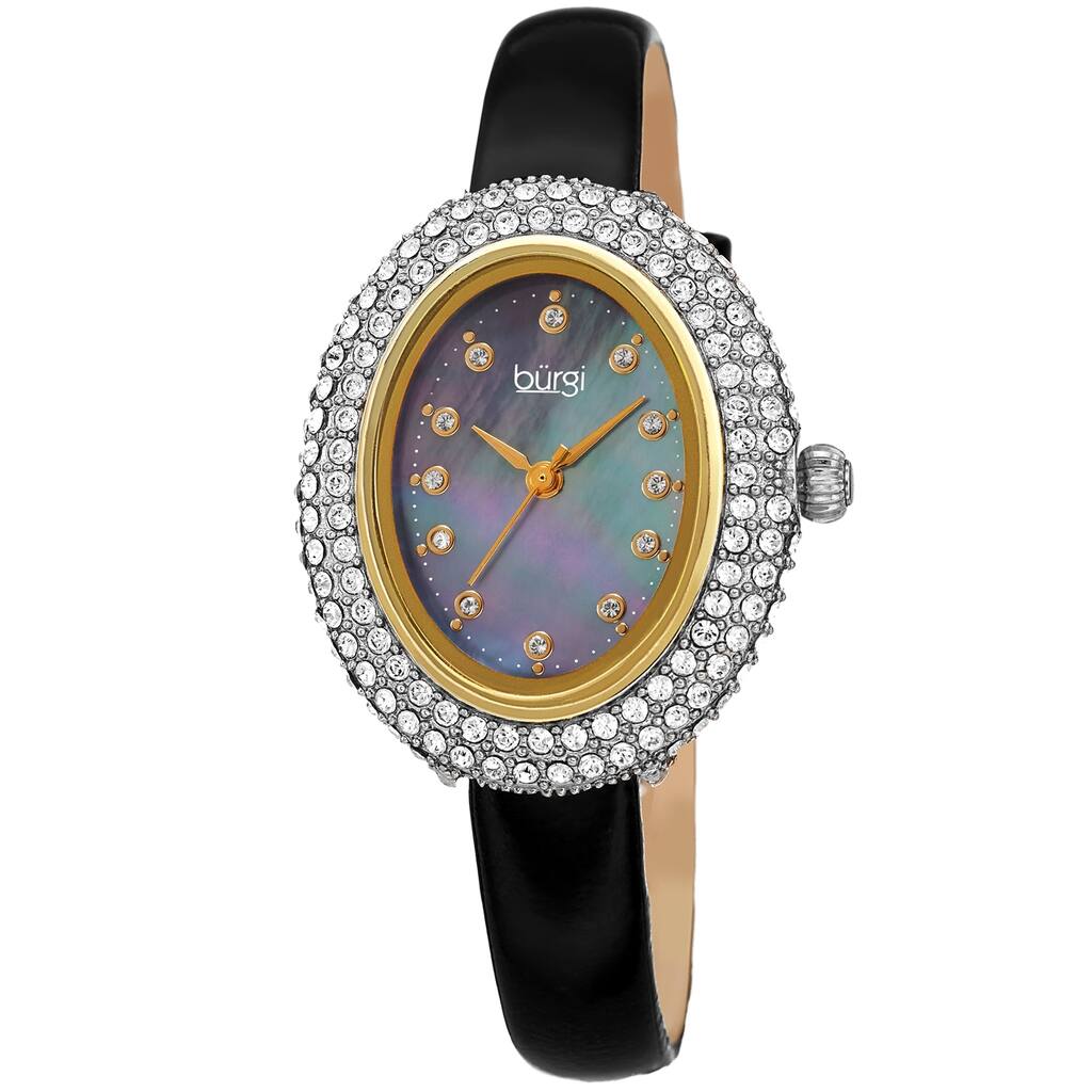 Burgi Women's Oval Swarovski Crystal Leather Strap Watch