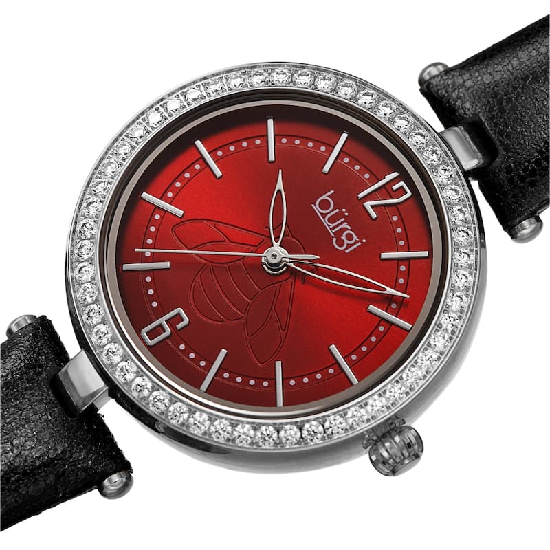 Burgi Women's Crystal Honey Bee Sparkling Leather Strap Watch - Red