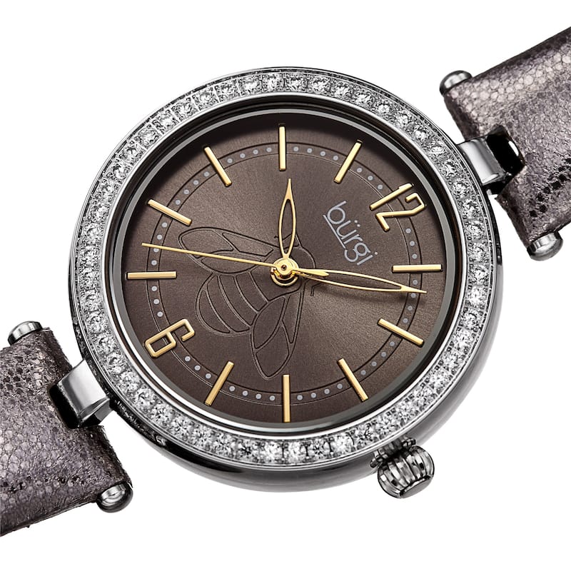 Burgi Women's Crystal Honey Bee Sparkling Leather Strap Watch - Grey